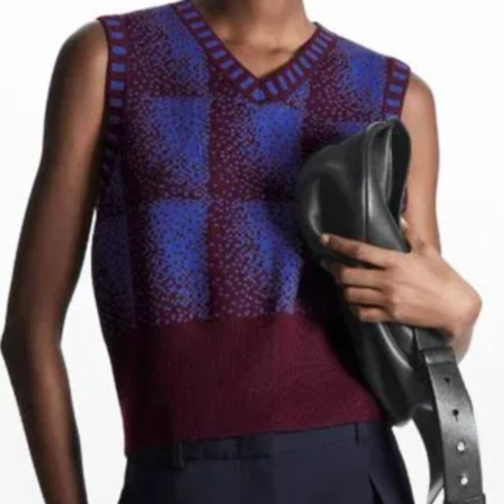 COS Merino Wool Jacquard Vest Royal Blue and Burgundy Small
